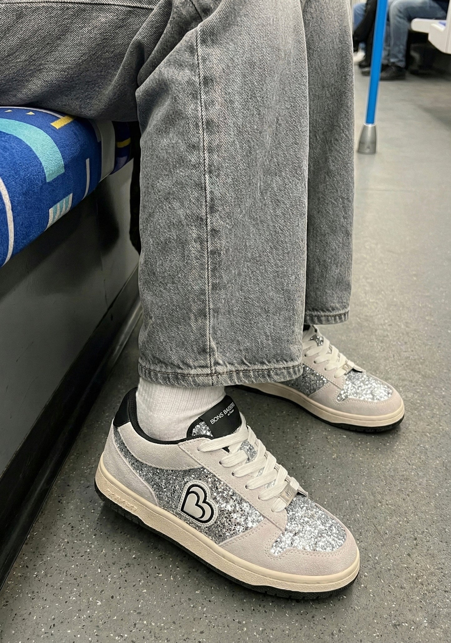 Baskets en cuir-Serena-Gris Glitter Silver