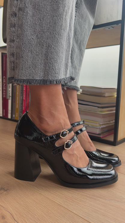 Babies à brides - Cuir Brillant Noir - Alex